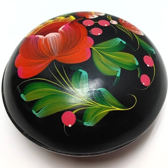 Black Wooden Russian Jewelry Folk Floral Box 80s Trinket Lidded Bowl handpainted - Picture 2 of 7